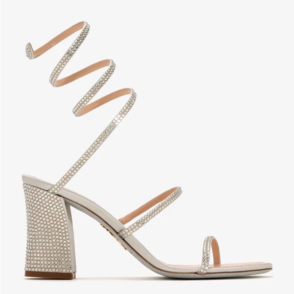 Rene Caovilla Cleo crystal embellished satin sandals in silver/grey